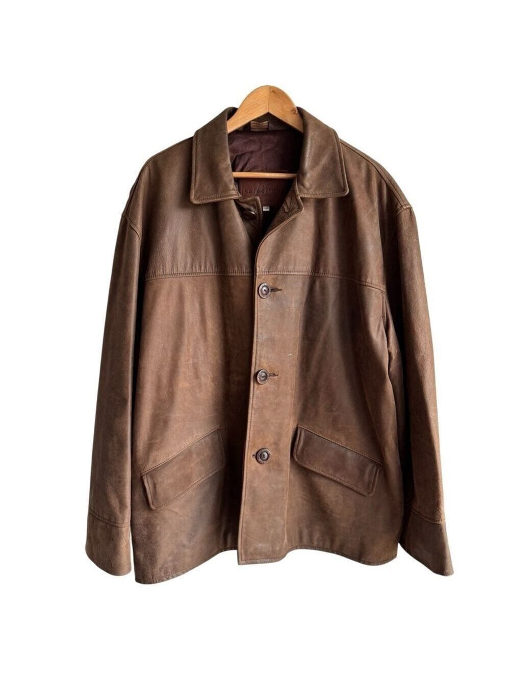 Vintage Oiled Leather Jacket Mens XL Chocolate Brown Button Front Coat Canadian